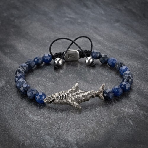Sodalite Beaded 925 Silver Shark Bracelet For Men