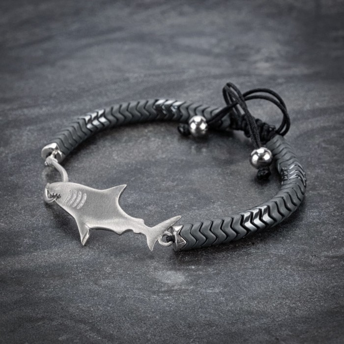 Hematite Beaded 925 Silver Shark Bracelet For Men