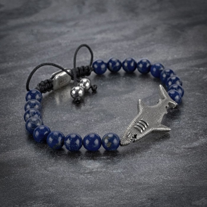 Lapis Lazuli Beaded 925 Silver Shark Bracelet For Men
