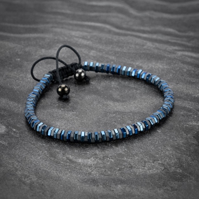 Blue and Matte Gray Hexagon Hematite Bracelet For Men