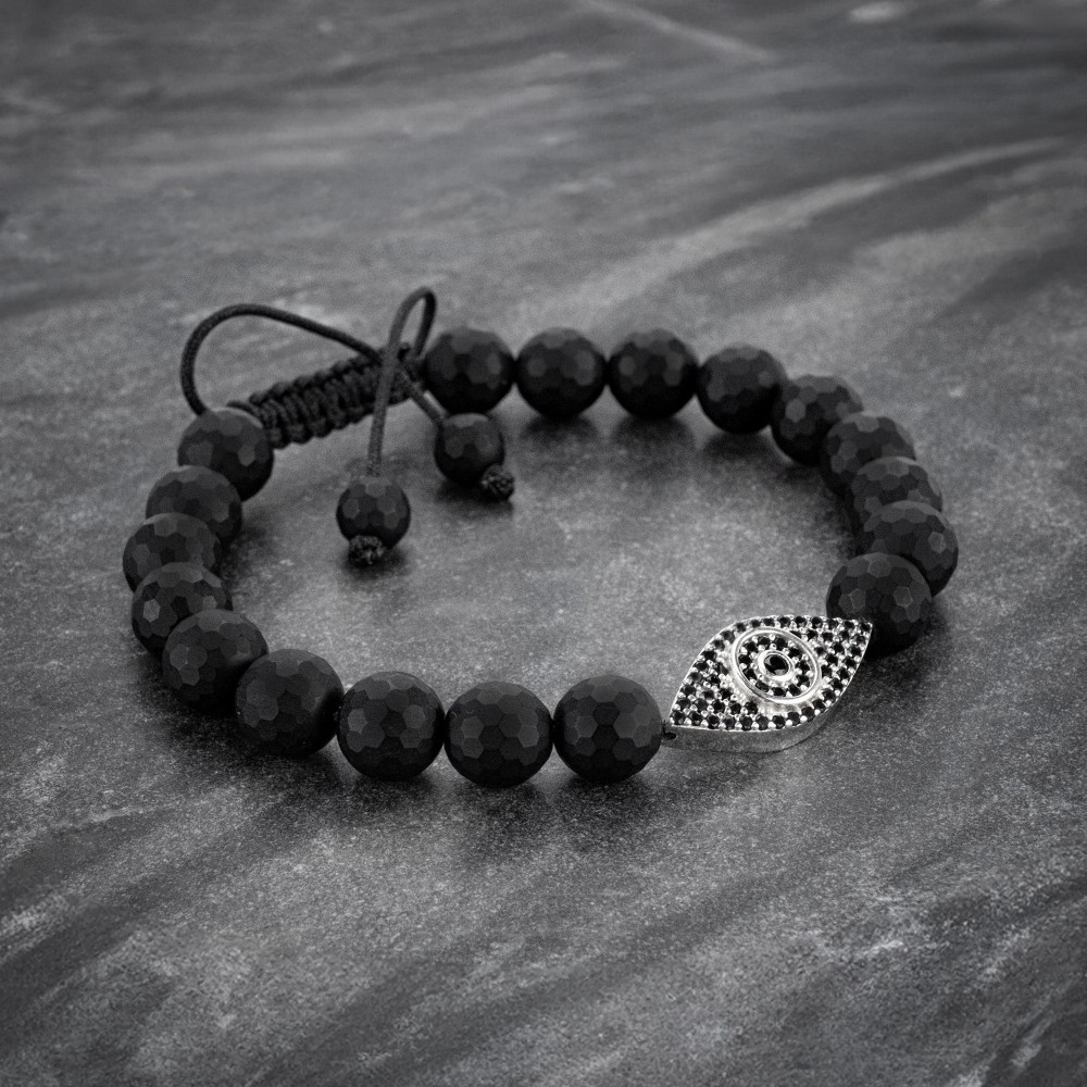 Matte Black Beaded 925 Silver Evil Eye Bracelet