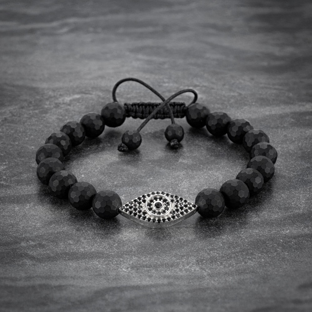 Matte Black Beaded 925 Silver Evil Eye Bracelet