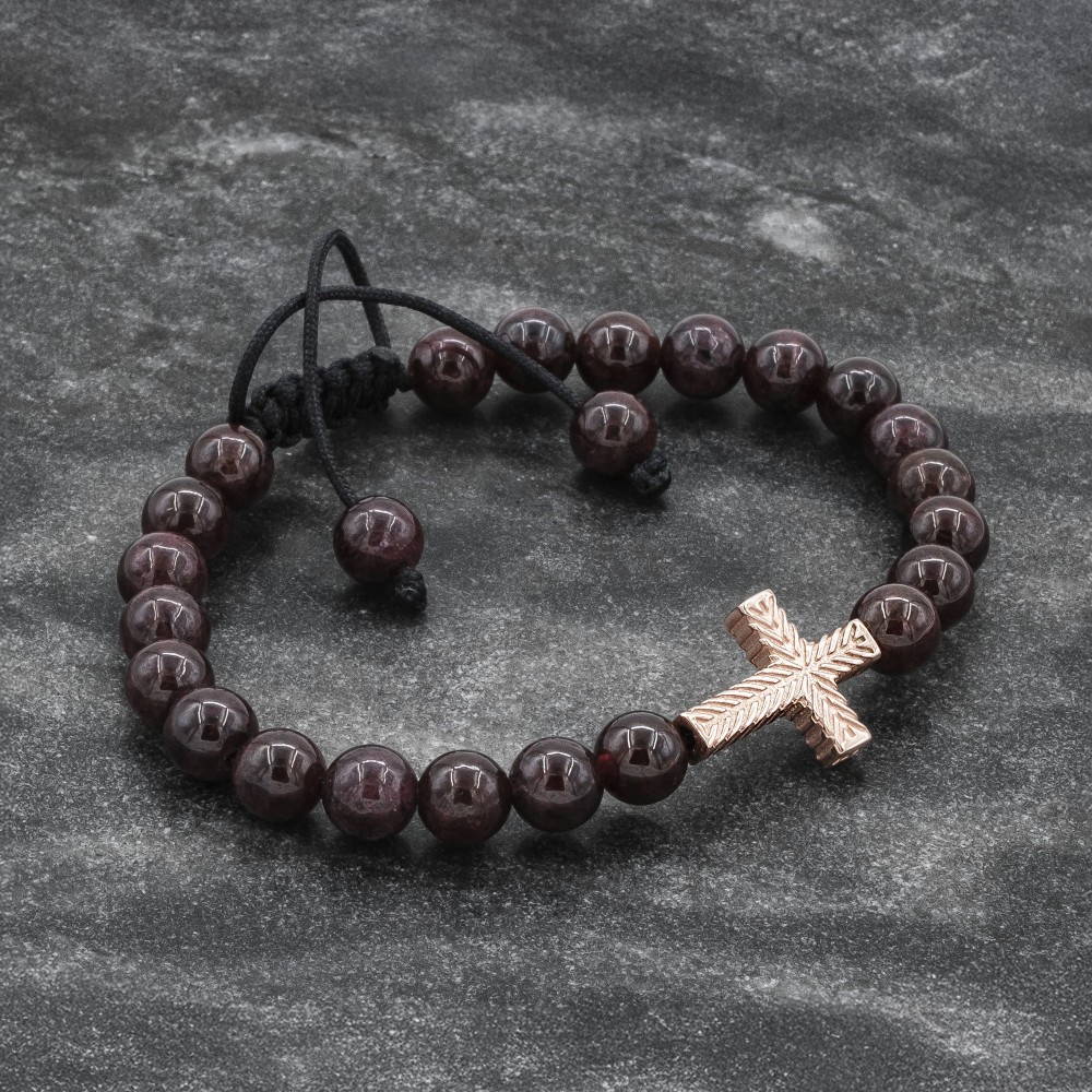 Red Garnet Beaded Rose Gold Cross Bracelet