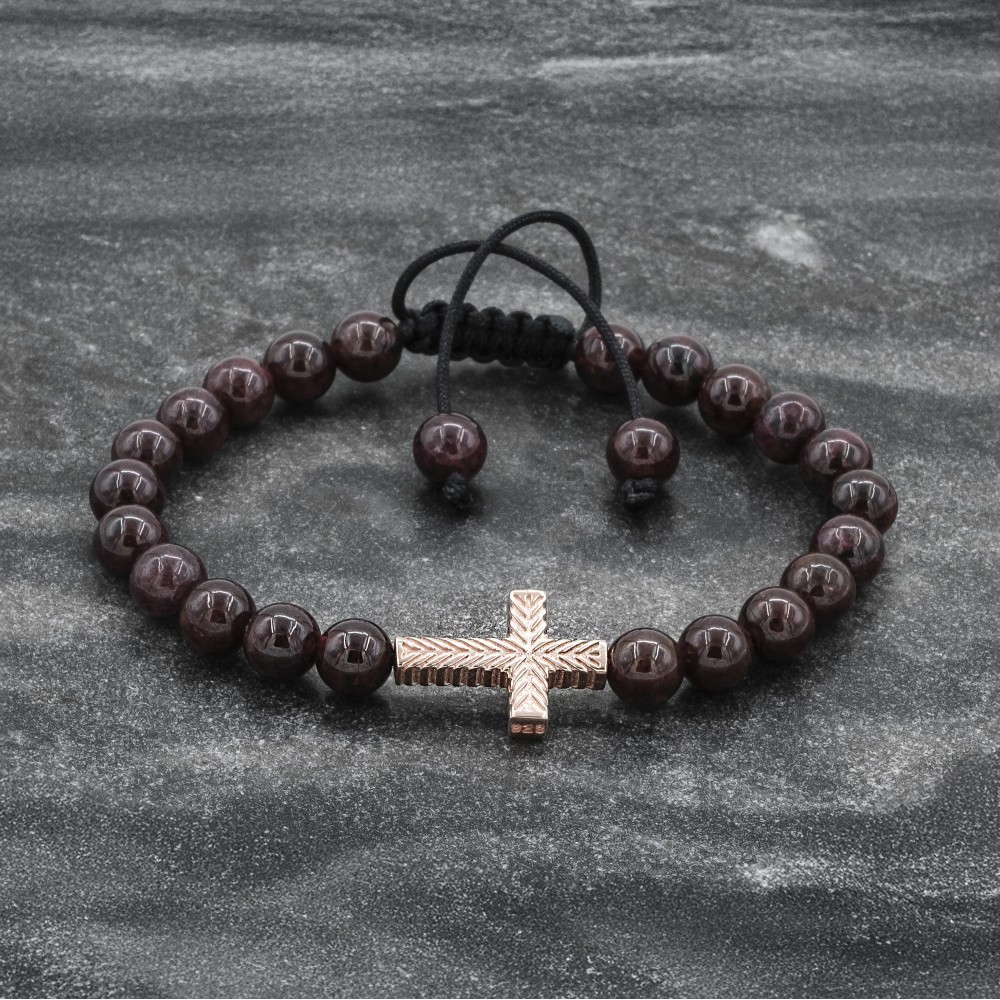 Red Garnet Beaded Rose Gold Cross Bracelet