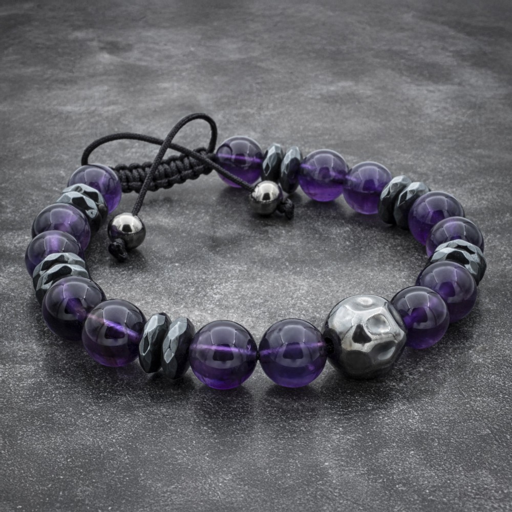 Amethyst and Hematite Bead Bracelet With Hammered Beads
