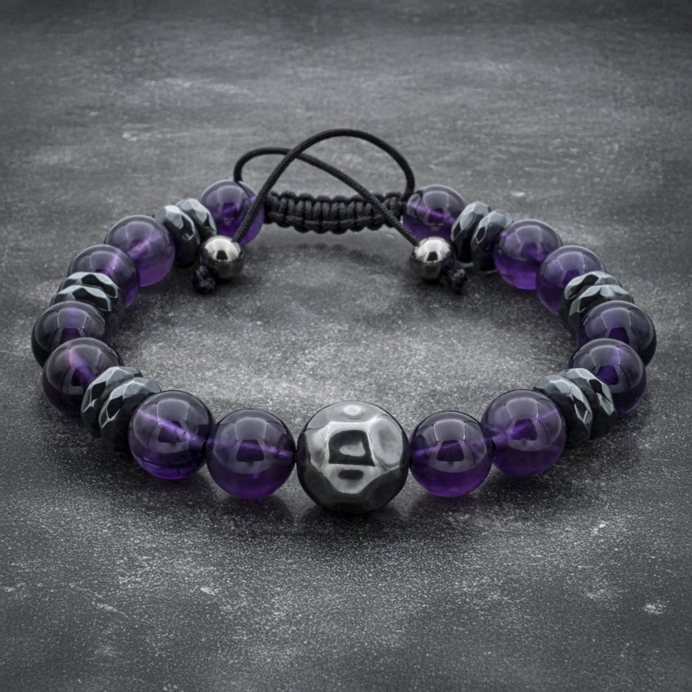 Amethyst and Hematite Bead Bracelet With Hammered Beads
