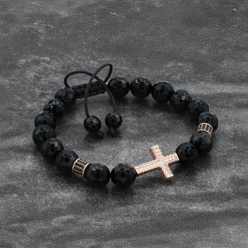 Black Onyx and Rose Gold Cross Bracelet
