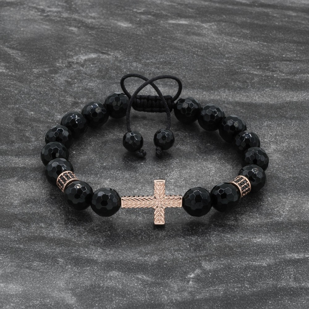 Black Onyx and Rose Gold Cross Bracelet