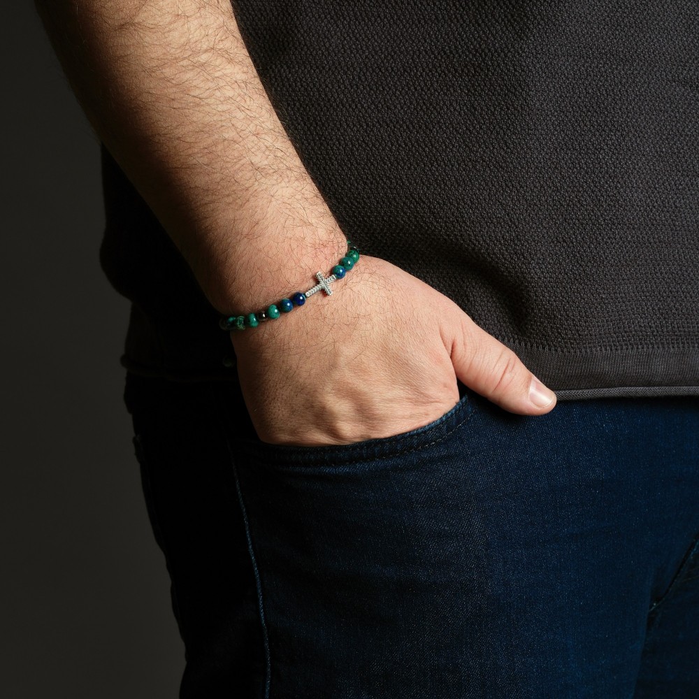 Azurite Beaded 925 Silver Cross Bracelet