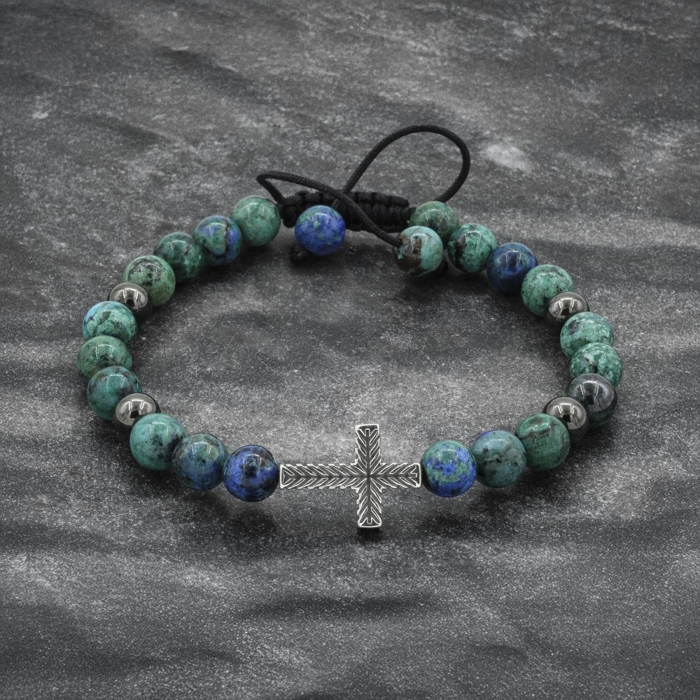 Azurite Beaded 925 Silver Cross Bracelet