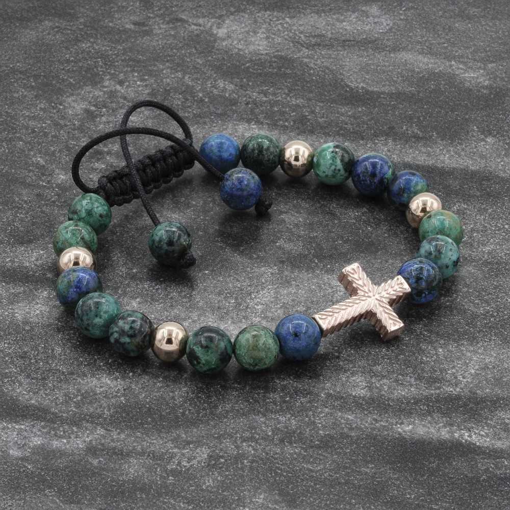 Azurite Beaded Rose Gold Cross Bracelet