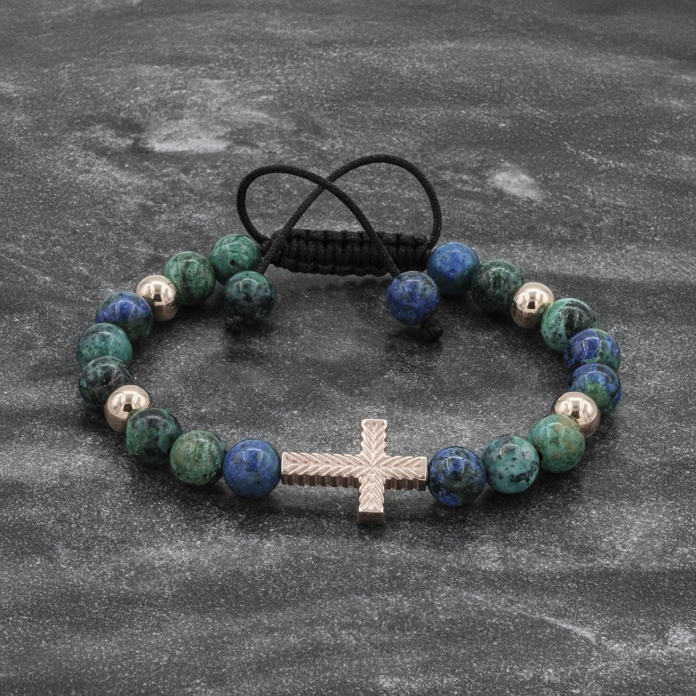 Azurite Beaded Rose Gold Cross Bracelet