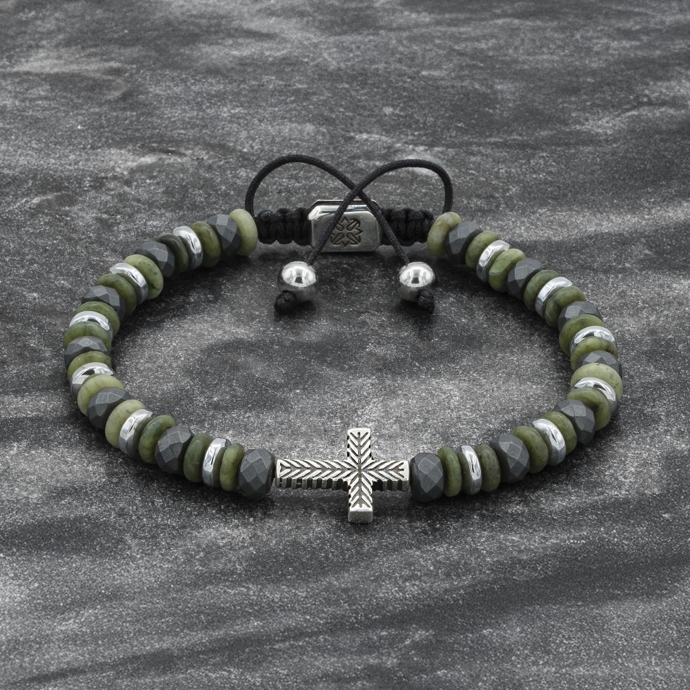 Green Jasper Beaded 925 Silver Cross Bracelet