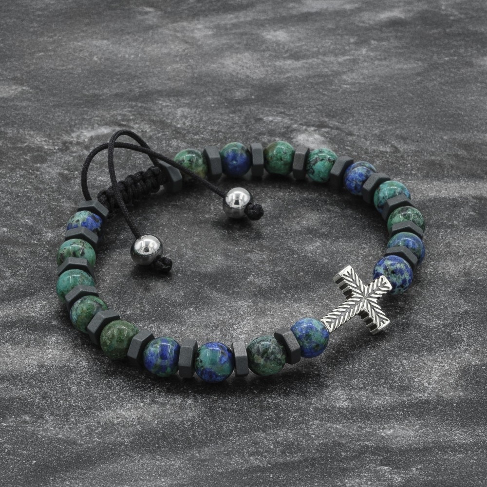 Azurite and Hematite Beaded Cross Bracelet