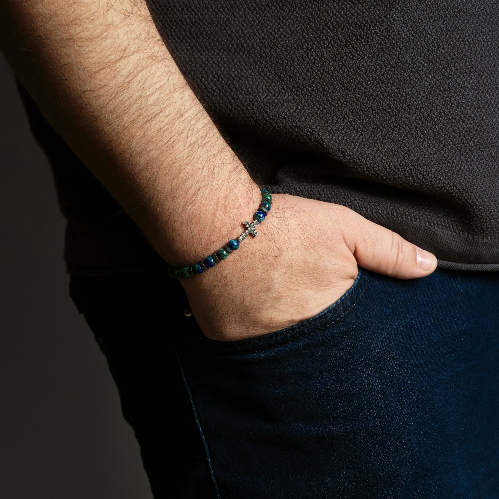 Azurite and Hematite Beaded Cross Bracelet
