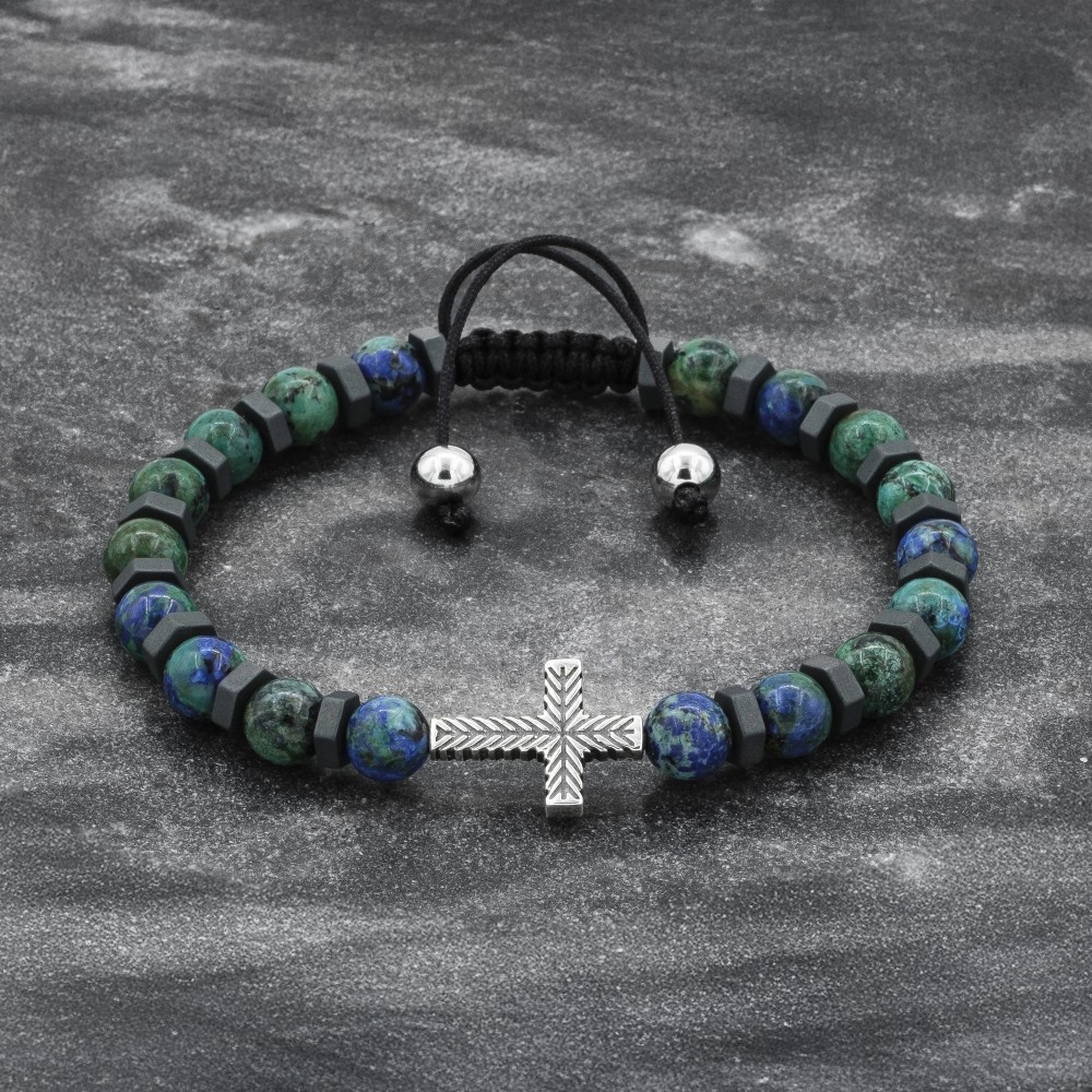 Azurite and Hematite Beaded Cross Bracelet