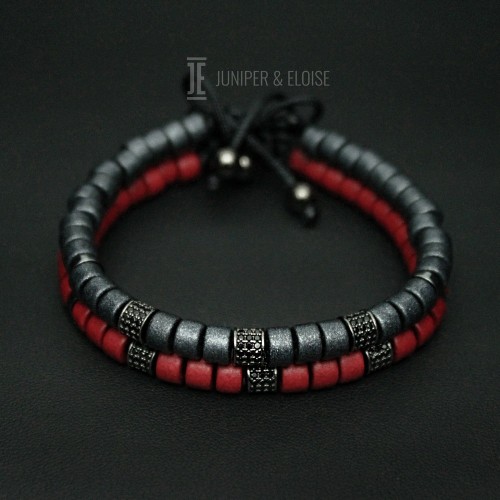 Red and Gray Mykonos Beaded Couple Bracelets 