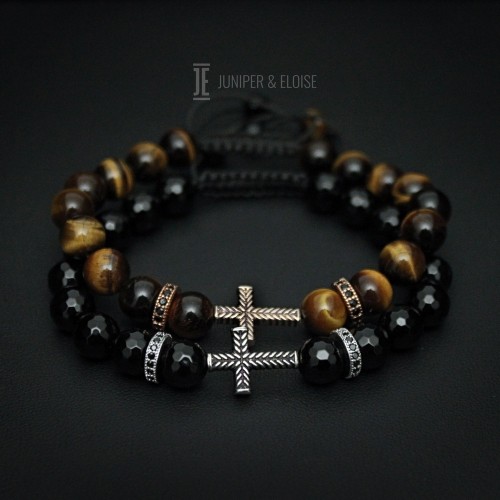 Tiger Eye and Onyx Beaded Couple Bracelets With Cross 