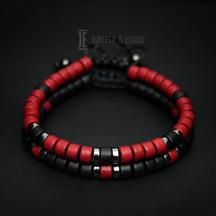 Couple Bracelets With Red and Black Mykonos Beads