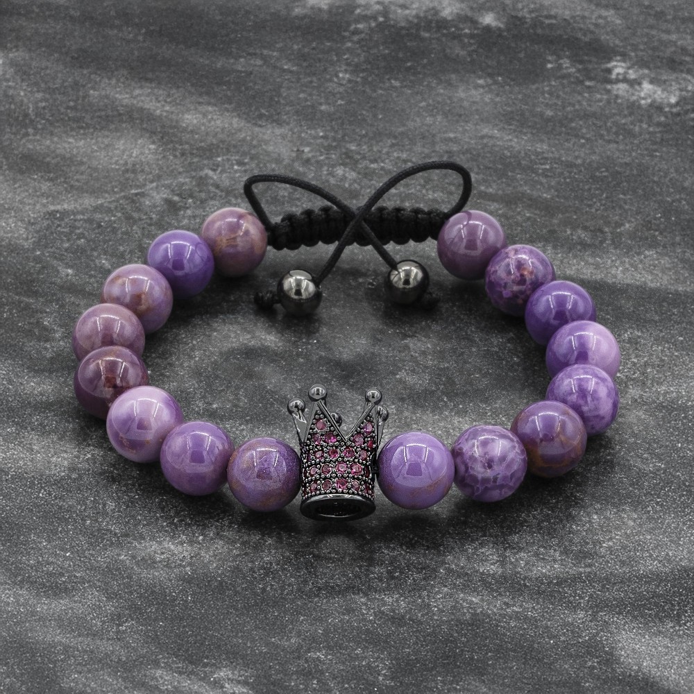 Onyx and Phosphosiderite  Beaded Couple Bracelets With Crown