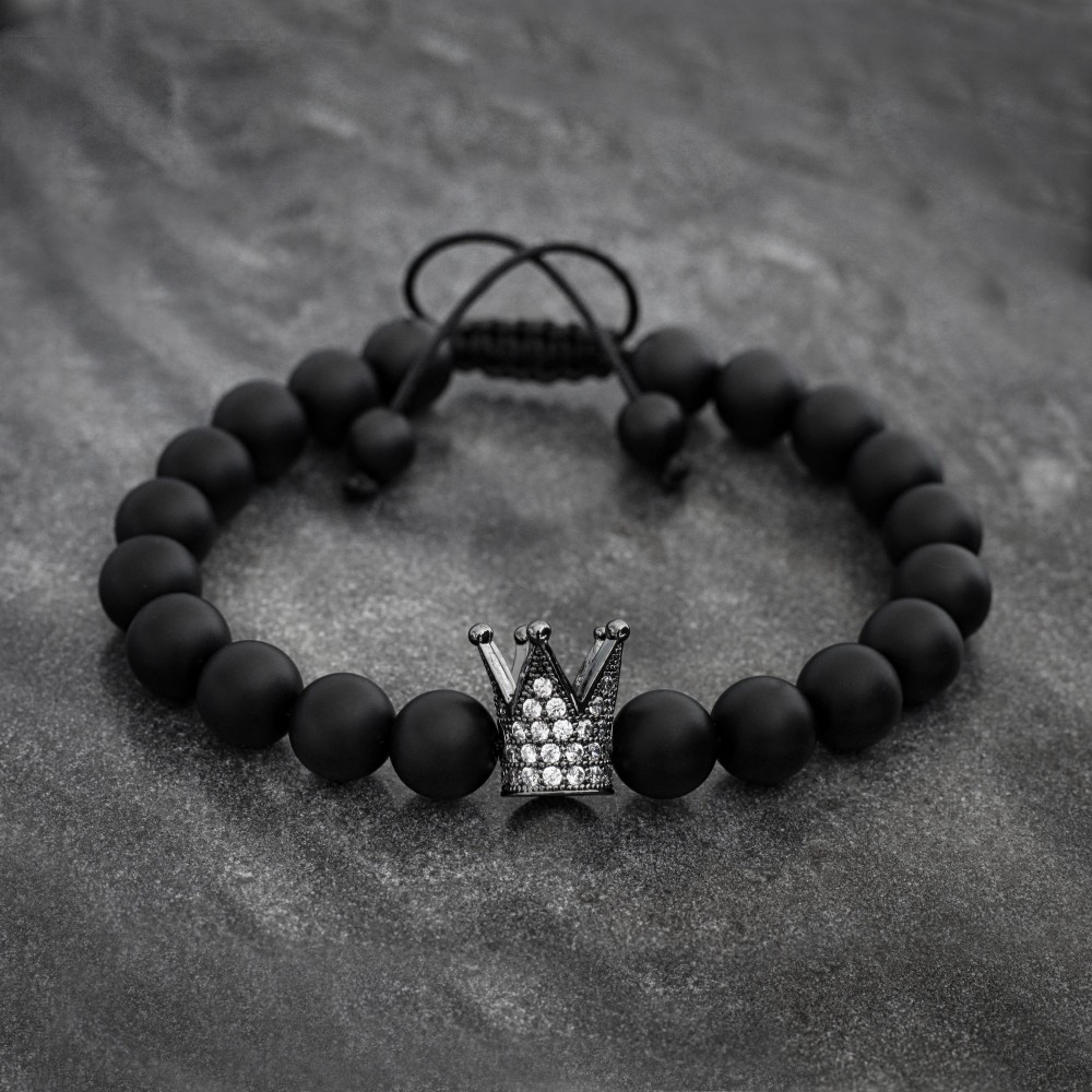 Onyx and Phosphosiderite  Beaded Couple Bracelets With Crown