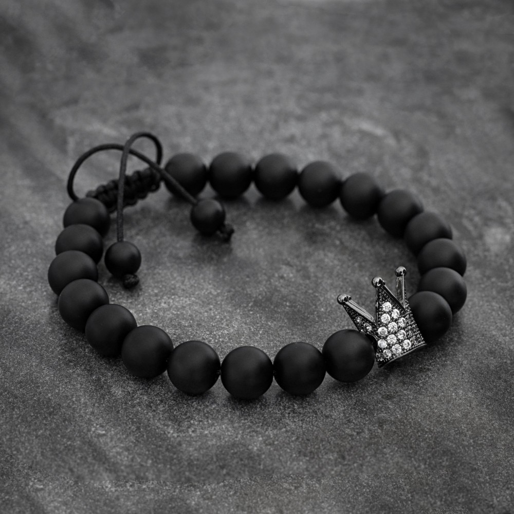 Onyx and Phosphosiderite  Beaded Couple Bracelets With Crown