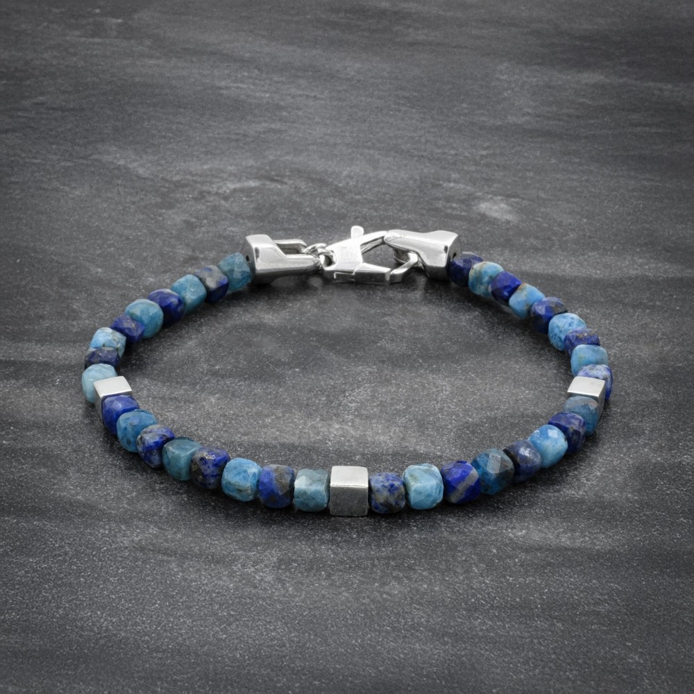 Faceted Apatite and Lapis Lazuli Cube Beaded Bracelet with 925 Silver Cube Beads