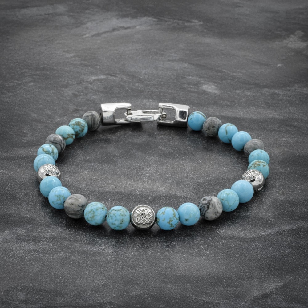 Turquoise & Gray Jasper Bracelet with Silver Accents