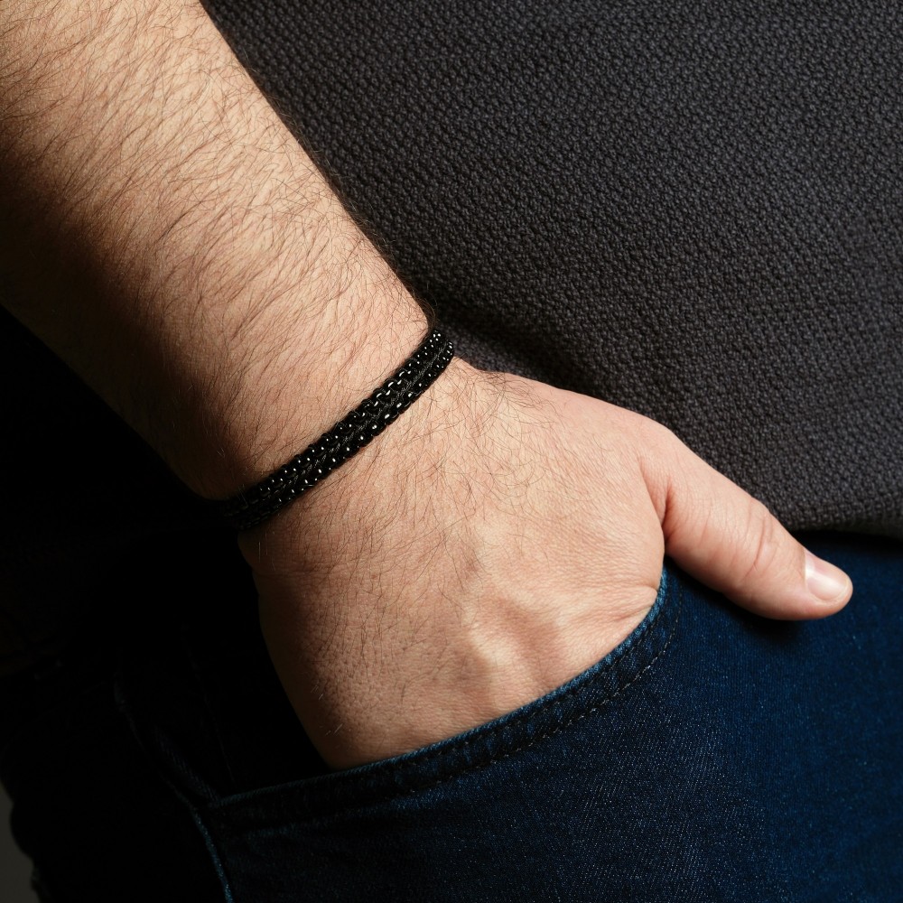 Men’s Black Woven Double Layer Black Box Chain Bracelet