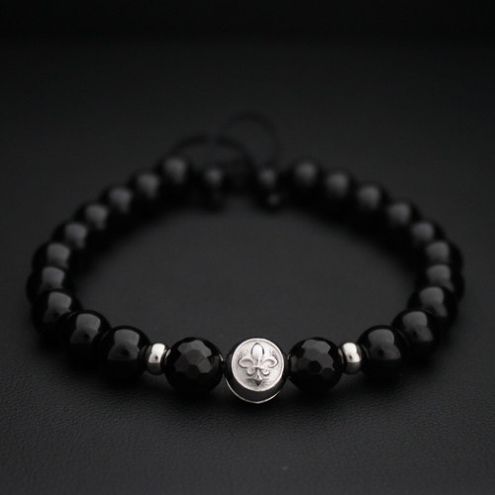 Black Fleur De Lis and Onyx Beaded Bracelet