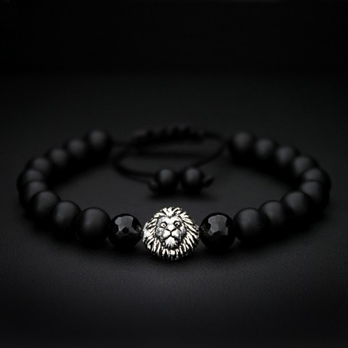 Black Onyx & 925 Silver Lion Bracelet