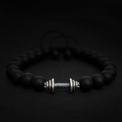 Black Onyx Beads  & 925 Silver Dumbbell Charm Bracelet