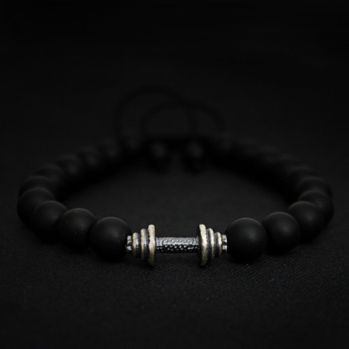 Black Onyx Beads  & 925 Ct. Silver Dumbbell Charm Bracelet