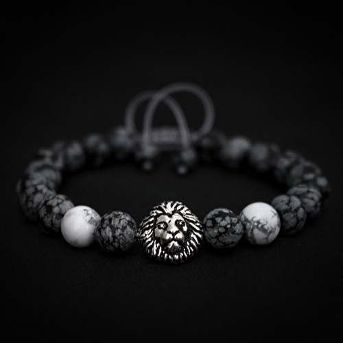 Snowflake Obsidian & White Howlite Beads With 925 Ct. Silver Lion Charm Bracelet
