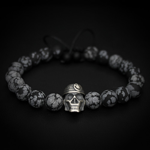 Matte Snowflake Obsidian Beads  & Smiley Skull Charm Bracelet