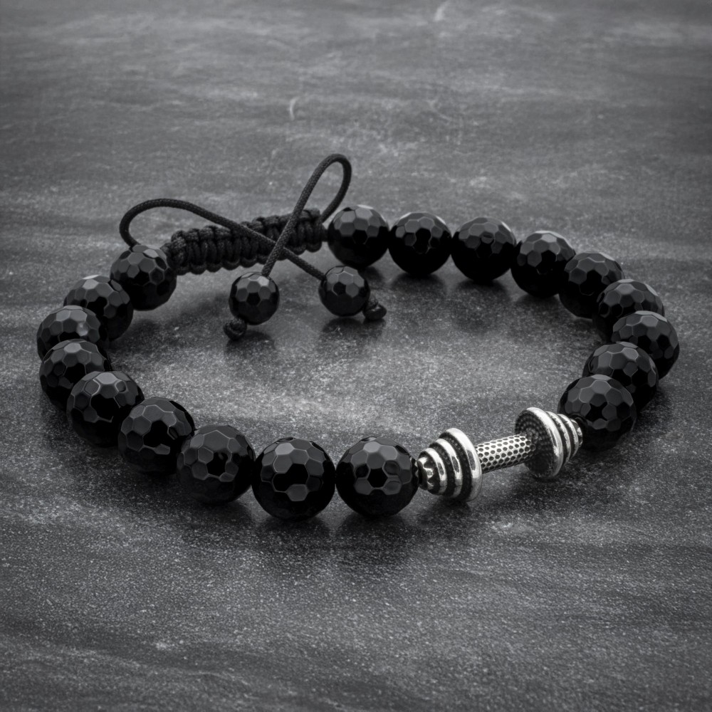 Black Onyx & 925 Silver Dumbbell Charm Bracelet