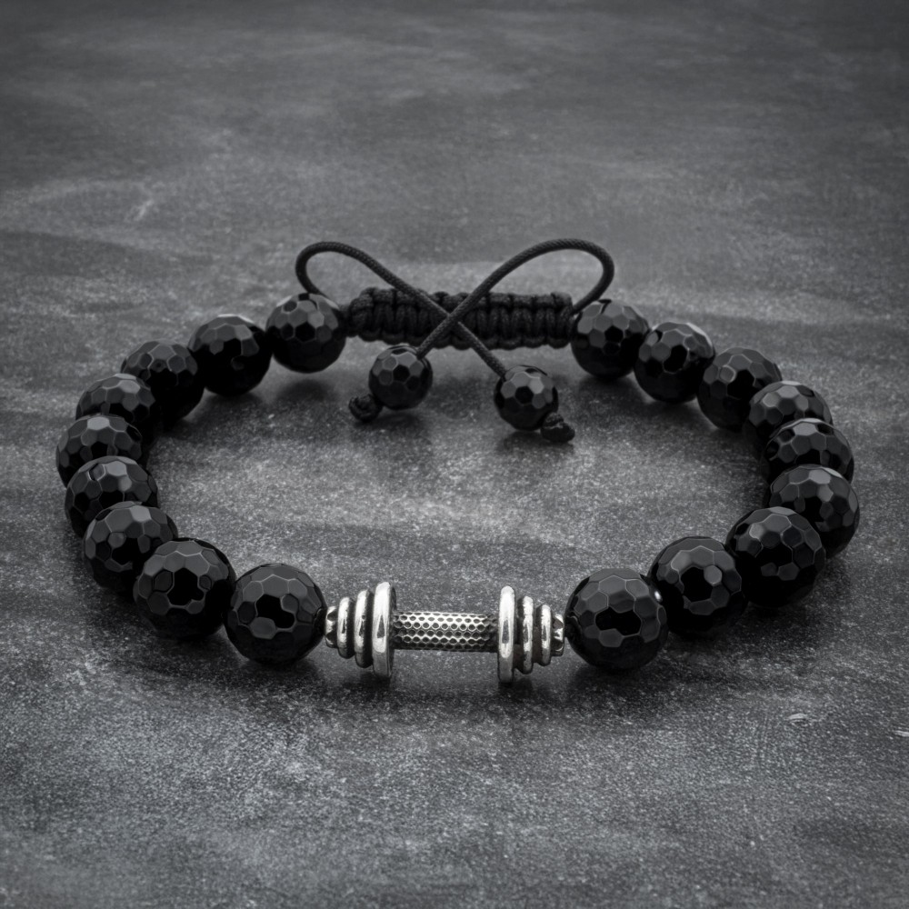 Black Onyx & 925 Silver Dumbbell Charm Bracelet