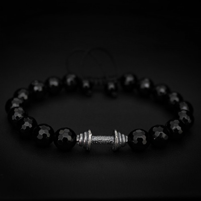 Black Onyx & 925 Silver Dumbbell Charm Bracelet