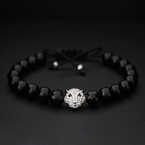 Onyx Beads & Silver Tiger Bracelet