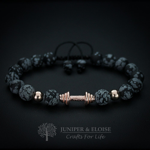 Snowflake Obsidian & Rose Gold Barbell Charm Bracelet