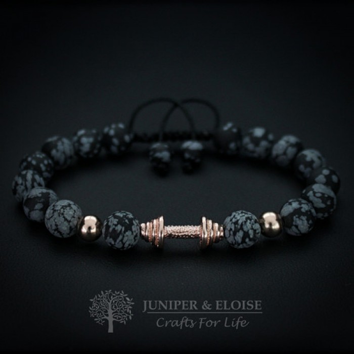 Snowflake Obsidian & Rose Gold Barbell Charm Bracelet