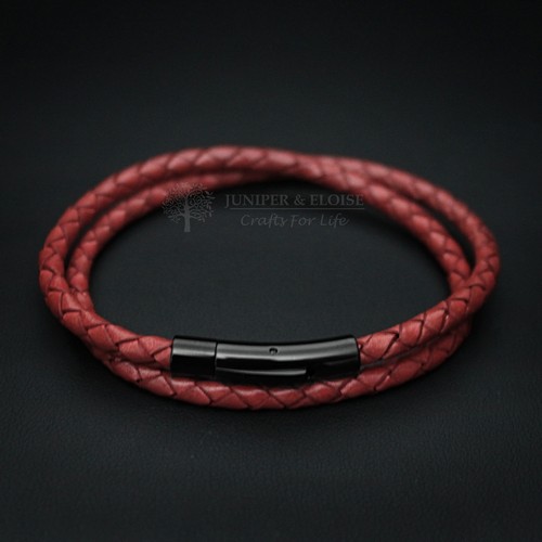 Red Leather Bracelet With Black Steel Clasp