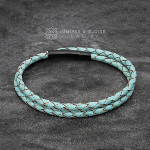 Teal Leather Bracelet With Black Clasp