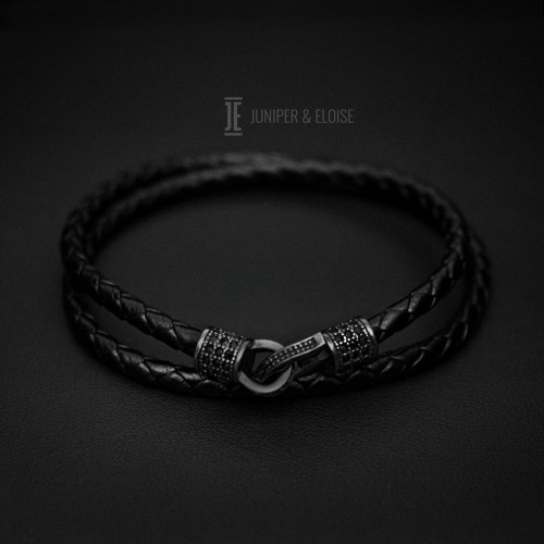 Premium Black Leather Bracelet with Black Zircon Clasp