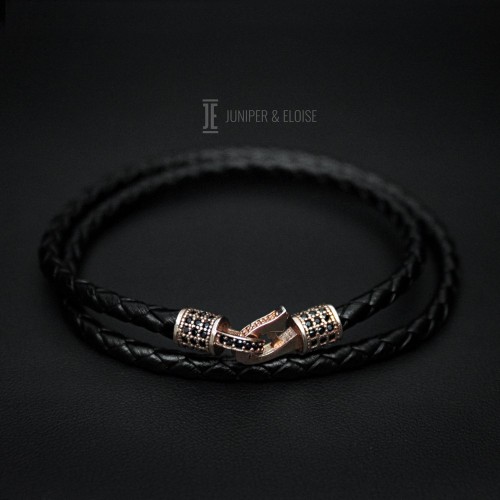 Premium Black Leather Bracelet with Rose Gold Clasp