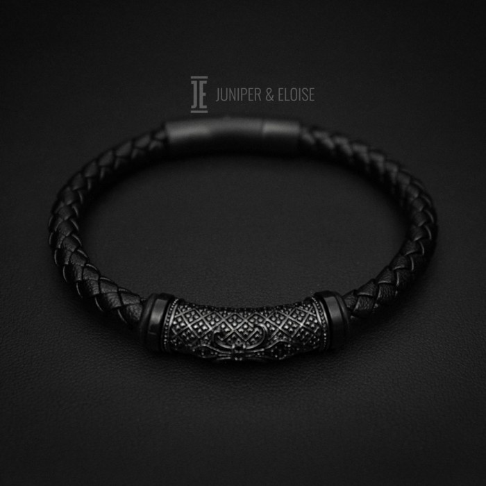 Black Leather Bracelet with Fleur De Lis Mark