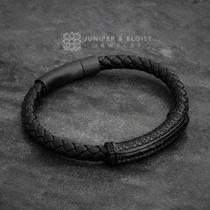 Braided Black Leather Bracelet with Steel and Black Zirconia Stones