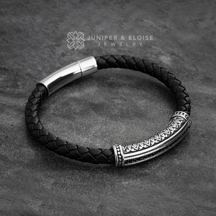 Braided Black Leather Bracelet with Steel and Black Zirconia Stones