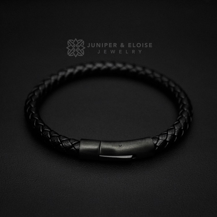 Braided Black Leather Bracelet with Matte Black Steel Lock