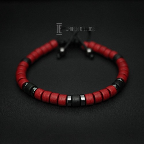 Red and Black Ceramic Beaded Mens Bracelet